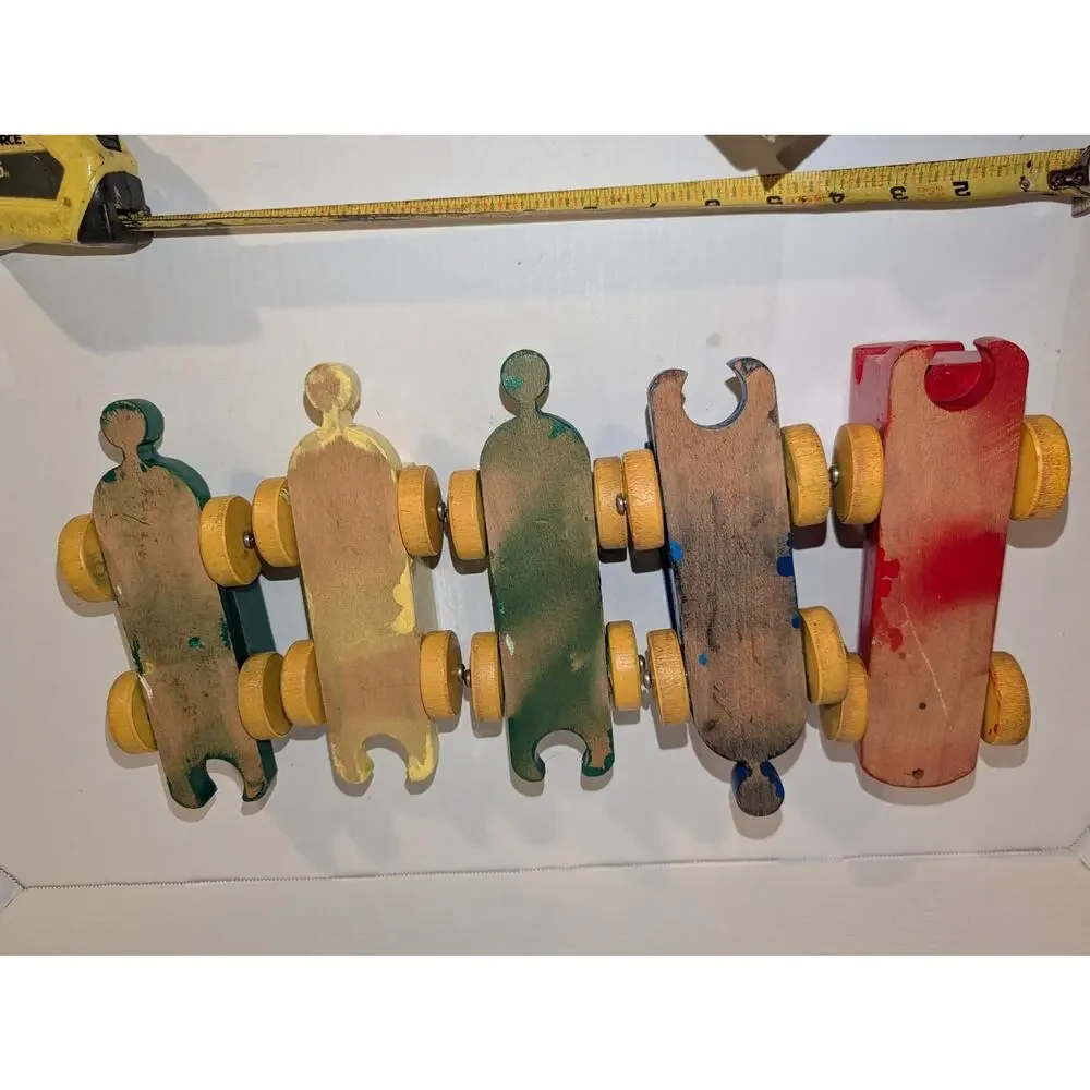 Vintage Interlocking Wooden Handcrafted Train Engine 4 Cars Toy Rare